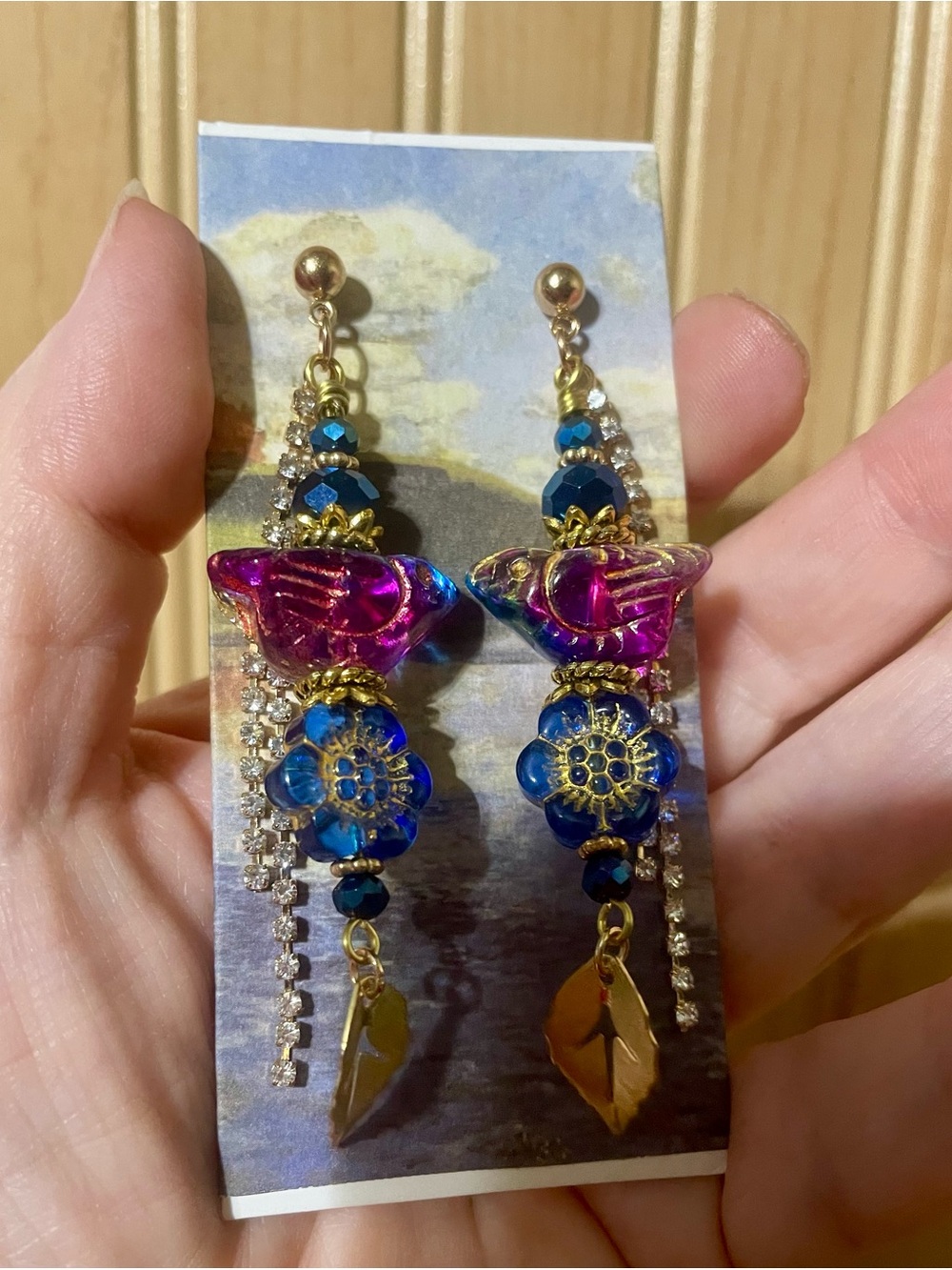 Hand Crafted Purple & Blue Glass Floral Dangle Earrings with Gold Leaf Charms - Picture 4 of 5